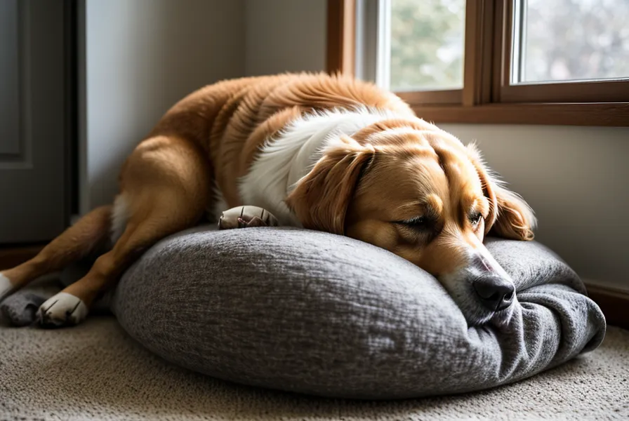 Chien senior de refuge dormant paisiblement sur un tapis, signe d'adaptation réussie après l'adoption