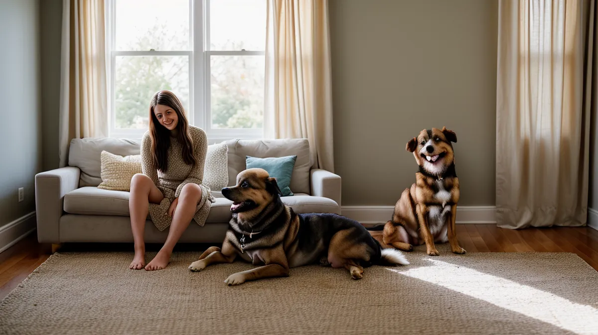 Chien aveugle et senior détendu dans un salon adapté pour une vie quotidienne sereine