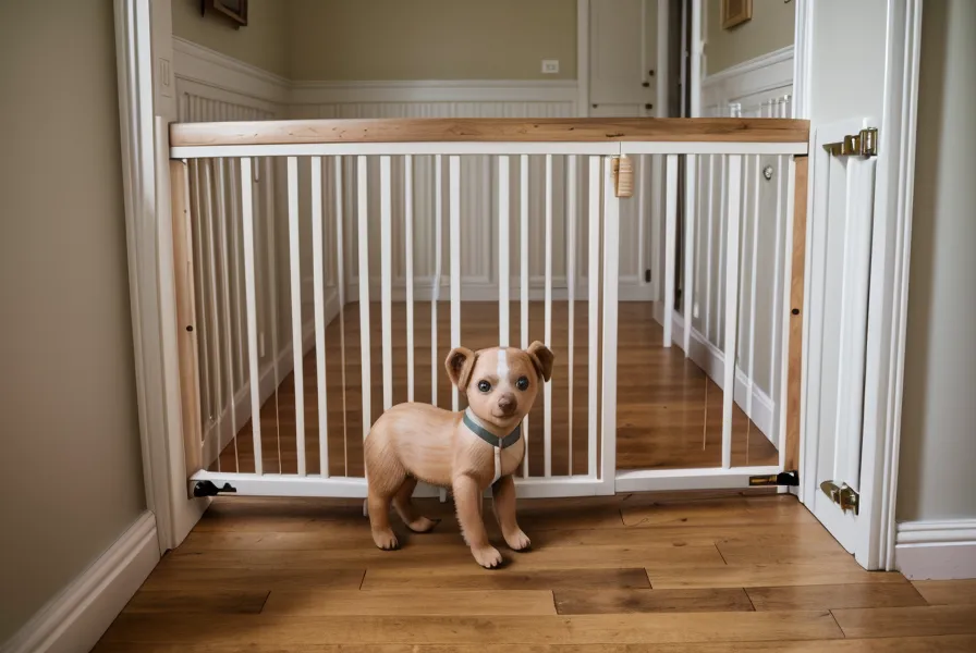 Barrière de sécurité en bois au bas d'un escalier pour protéger un chien senior malvoyant
