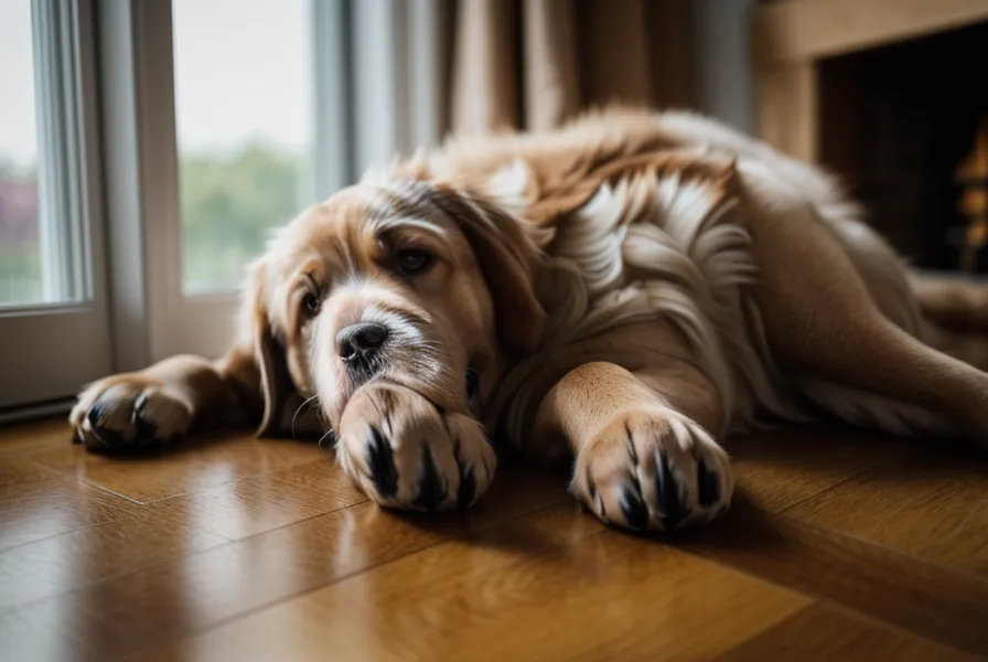 Chien senior hésitant sur le parquet, signe du vieillissement canin au quotidien