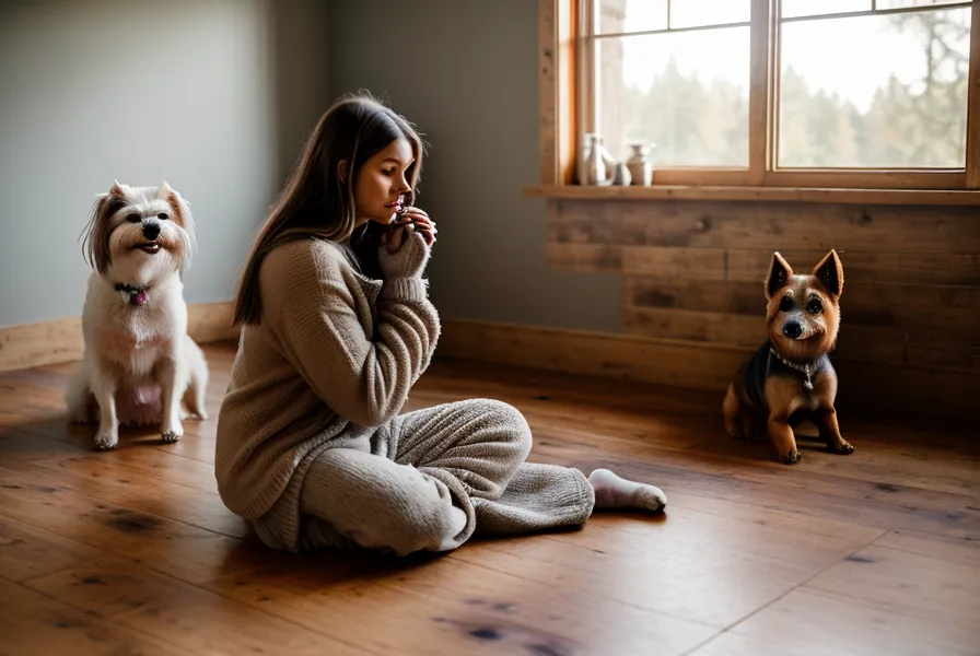 Camille observant attentivement son chien qui dort pour apprendre ses signaux.