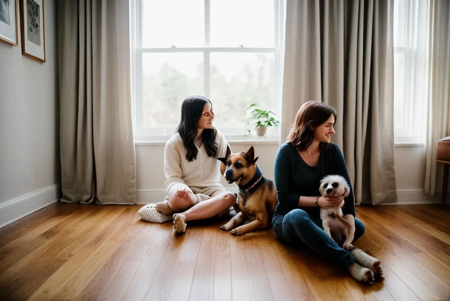 Coin repas improvisé pour un chien dans une location de vacances, pour garder ses repères en voyageant avec son chien