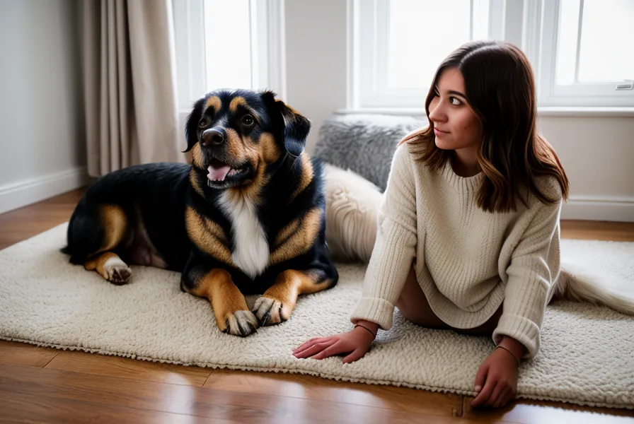 Chien senior qui s'étire sans raideur sur son nouveau couchage confortable, signe de bien-être retrouvé