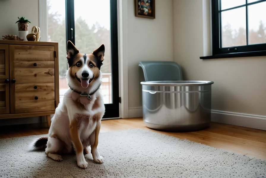 Chien de refuge mangeant avec appétit des croquettes bien conservées, sans gaspillage