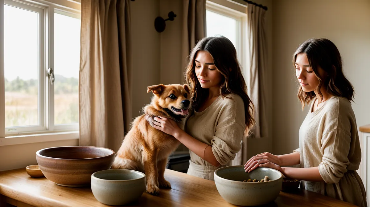Budget nourriture chien premium à Nantes : sac de croquettes et gamelle en céramique dans une cuisine