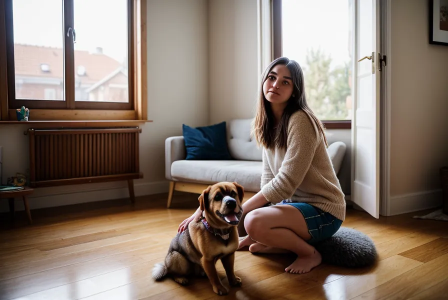 Chien qui utilise son flair pour une chasse au trésor maison avec des croquettes cachées