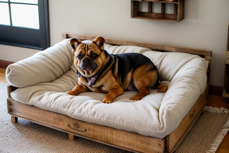 Caisse en bois récupérée et plaids recyclés transformés en coin dodo économique pour chien