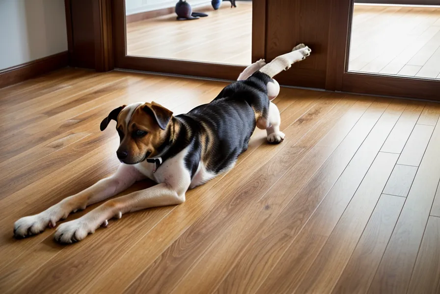 Chien détendu près de son coin dodo après le repas du soir, routine bien-être canin