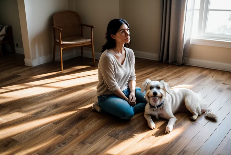 Gros plan des pattes d'un chien sur un parquet, instant calme dans la routine quotidienne à la maison