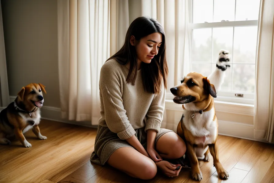 Museau d'un chien posé sur le genou de sa propriétaire dans la cuisine, scène de complicité au fil de la routine du soir