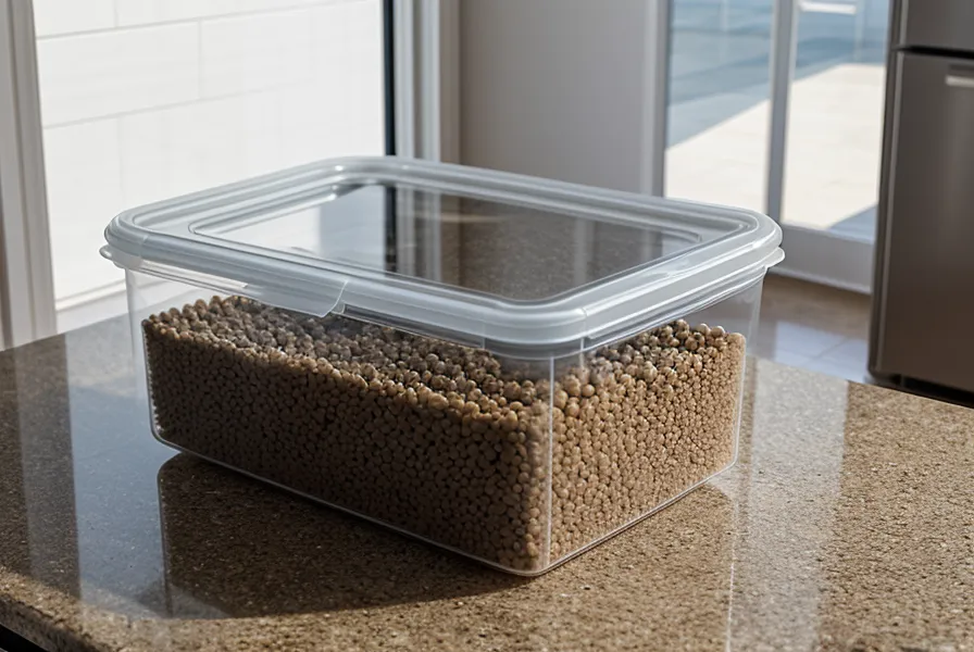 Organisation quotidienne de l'alimentation canine : croquettes versées dans un bac de stockage hermétique