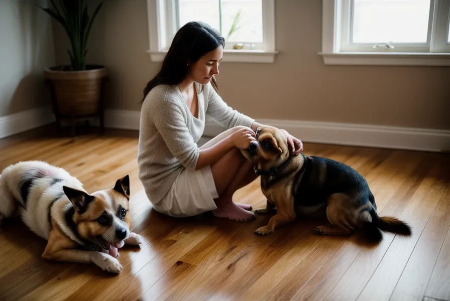 Chien hésitant devant le canapé, un signe de raideur lié au vieillissement canin