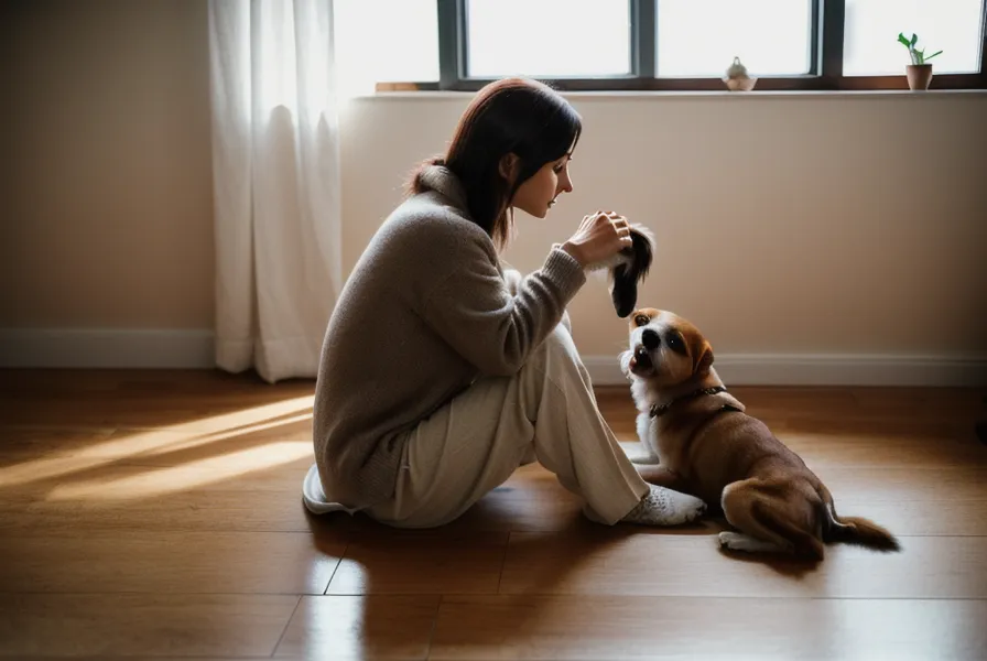 Chien senior au repos près de jeux olfactifs faits maison, calme pendant le vieillissement